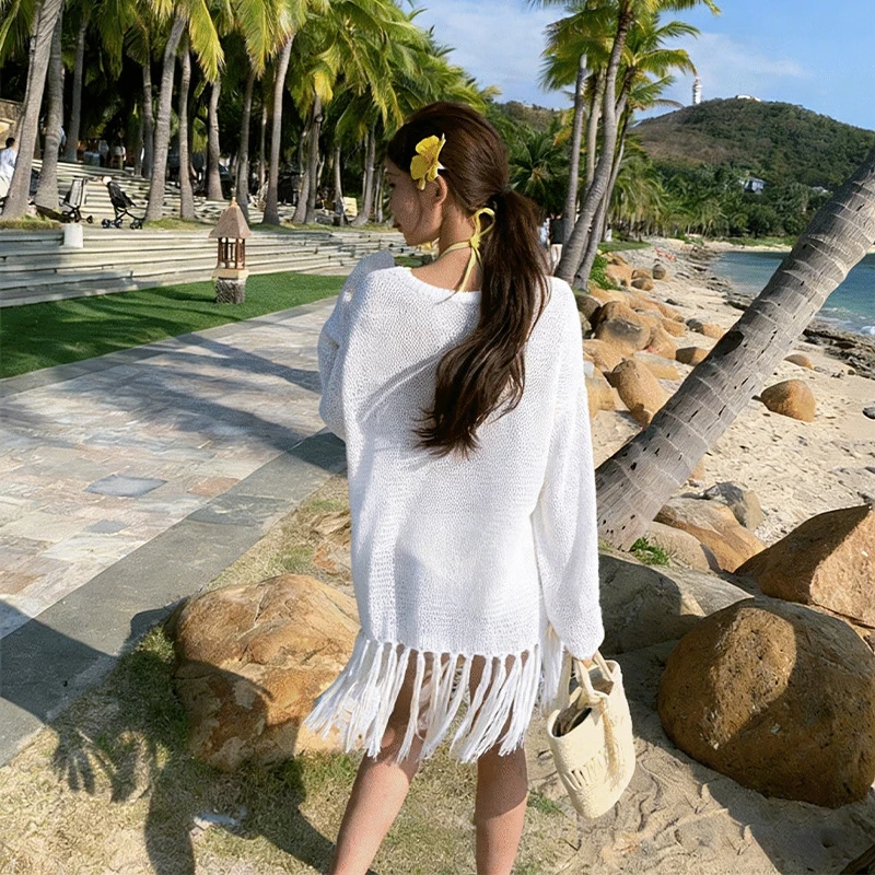 Women Summer Beach Cover Up Knit Openwork Tassel Loose Fit Round Neck Solid Color UV Protection Lightweight Flowy Sarong Top