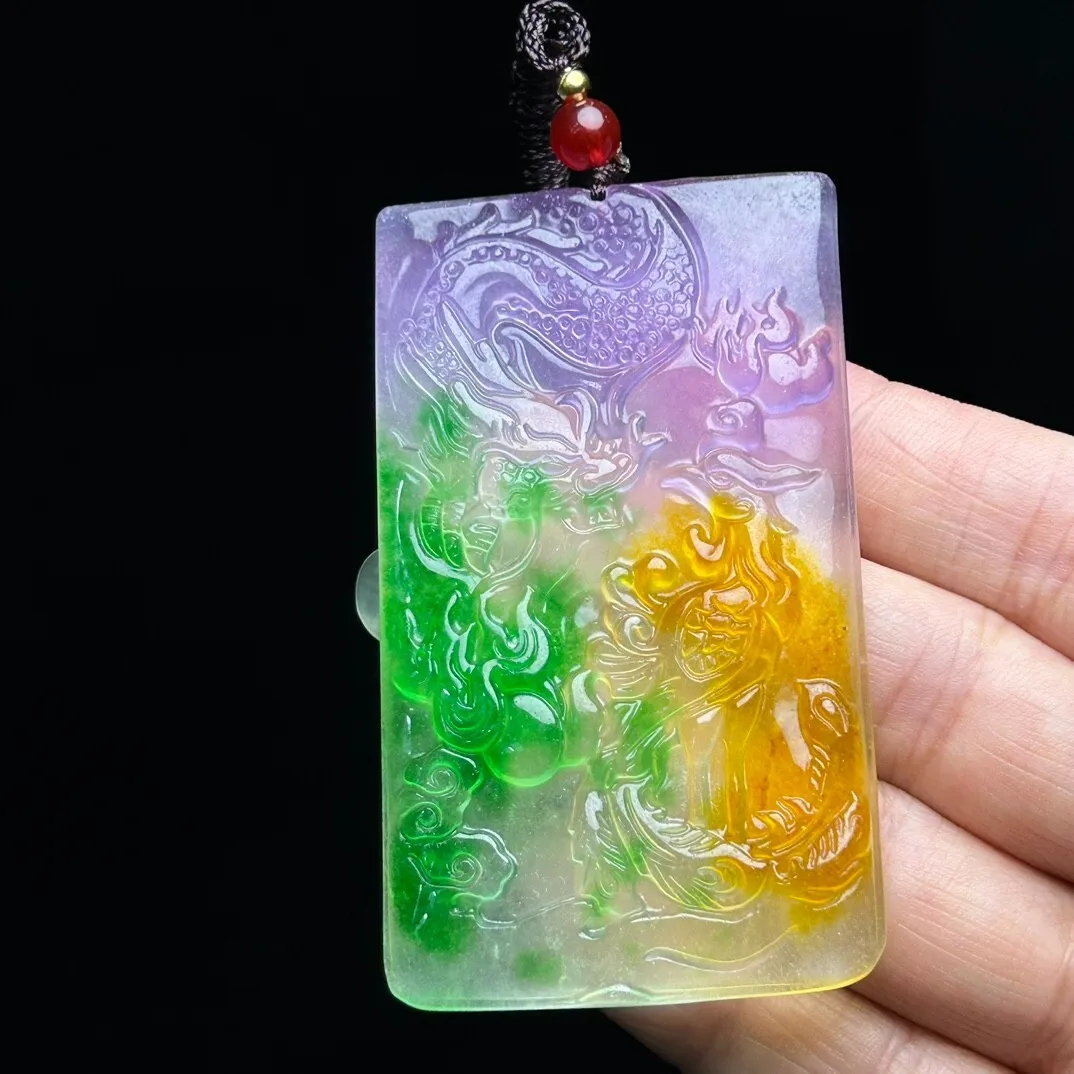 Natural Ice Jade Jadeite Carved Dragon&phoenix Pendant&Necklaces
