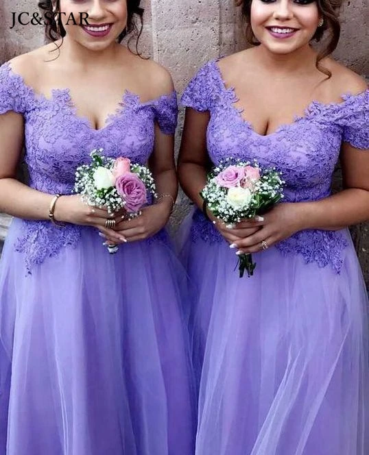 Lavender Purple Bridesmaid Dress Tulle Appliqués Sexy V-Neck Off the Shoulder robe pour mariage invité Floor Length Evening gown