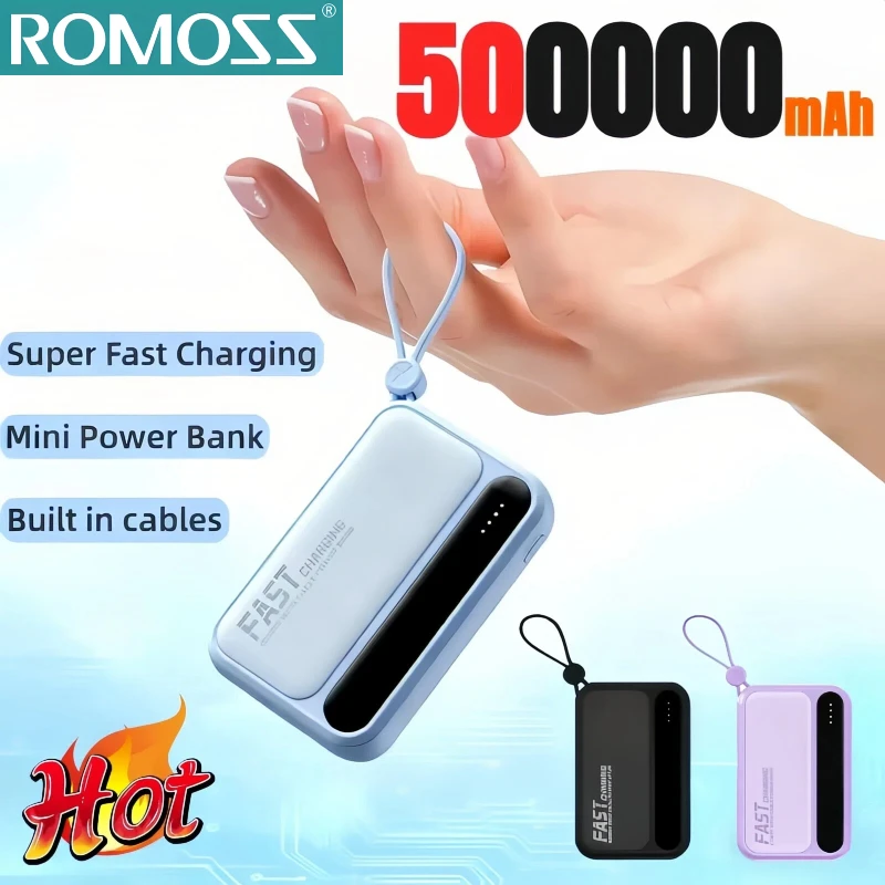 ROMOSS 500000mAh Power Bank 4 In1 Cables Large Capacity Super Fast Charging Intelligent Digital Display Portable Powerbank New