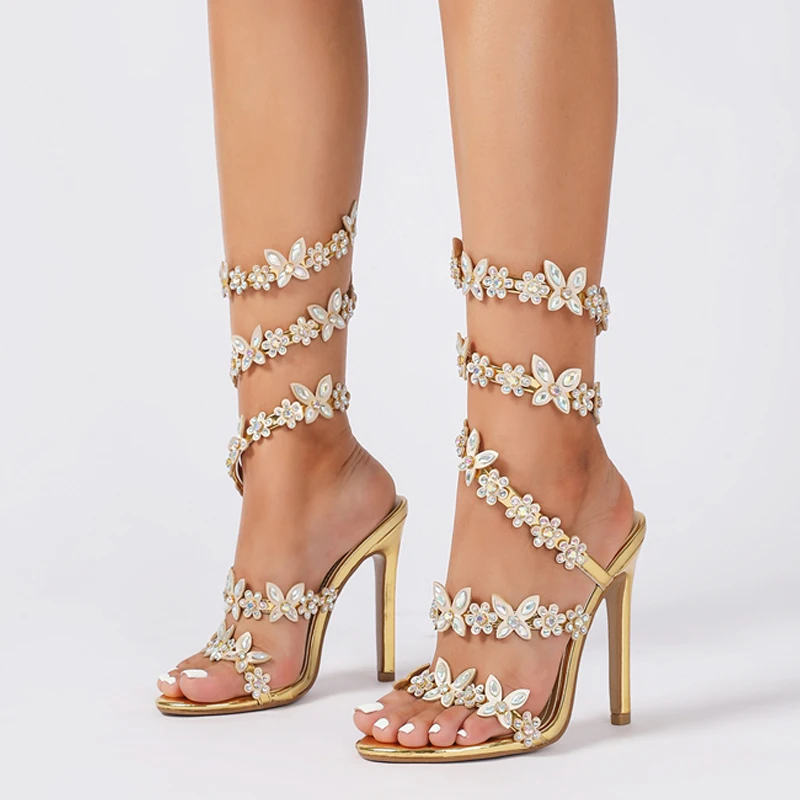 Aneikeh Summer Designer Peep Toe Butterfly-knot Crystal Sandals Sexy Thin Heel Wedding  Back Strap Party Shoes Zapatos Mujer