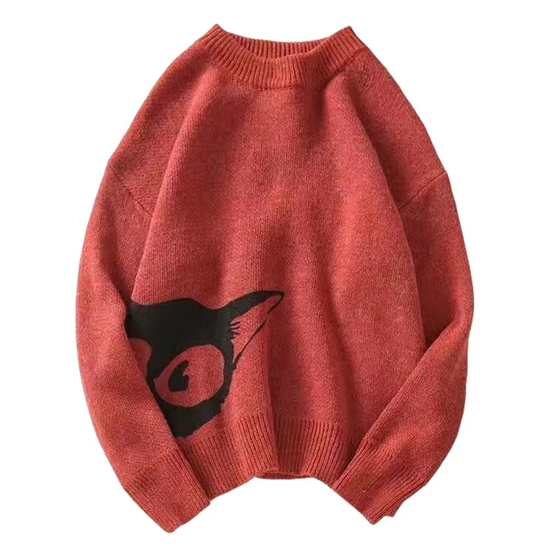 

Printing Harajuku Cartoon Hide-and-seek Cat Autumn Winter Female Knitwear Casual Brick Red Long Sleeve Sweater Women's Pullover