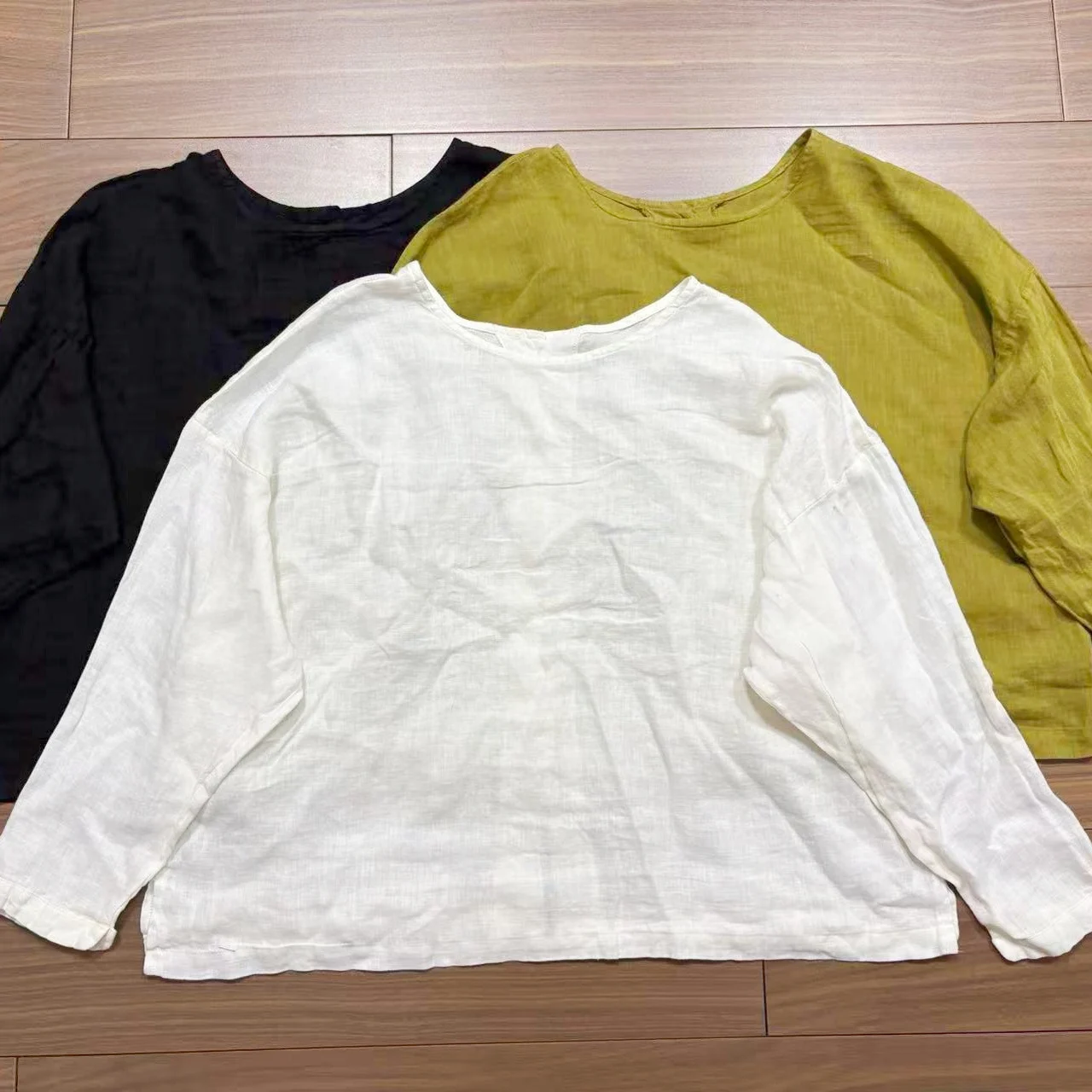 

Pure Linen Long Sleeve Shirt Women's round Neck Loose Back Button up Top Skin-friendly Double Wear Autumn New Style High Waist