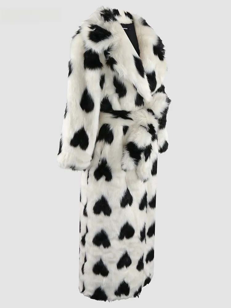 Nerazzurri Long Coat Women's Faux Fur Jacket Super Long Suit Collar Fluffy Love Patterned Outerwear Korean Style Commute Wind