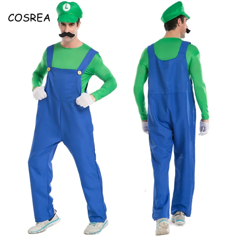 Super Bros Luigi Plumber Hats Beard Suit Cosplay Costume Halloween Party Fancy Dress Parent-child Adult Kids Women