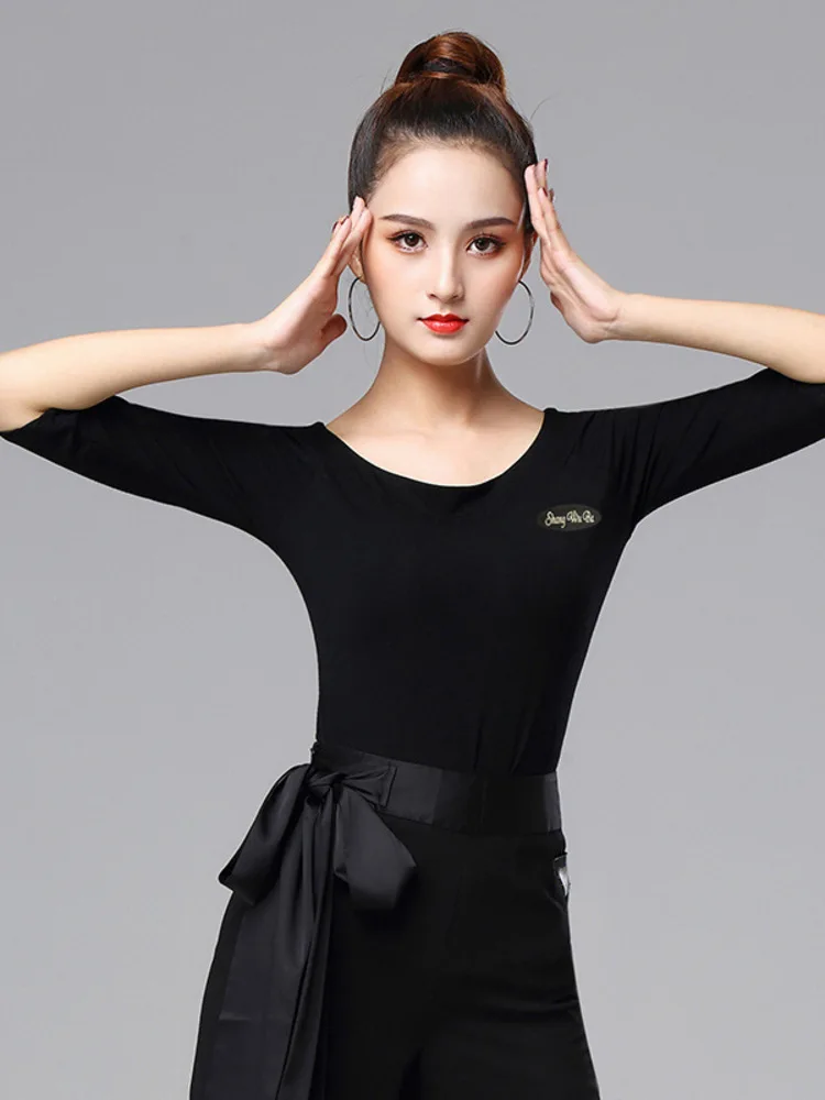 Solid Color Ballroom Standard Evening Tops Jazz Middle Sleeves Dance Competition Waltz 2024 Summer High Quality Wear T-shirt