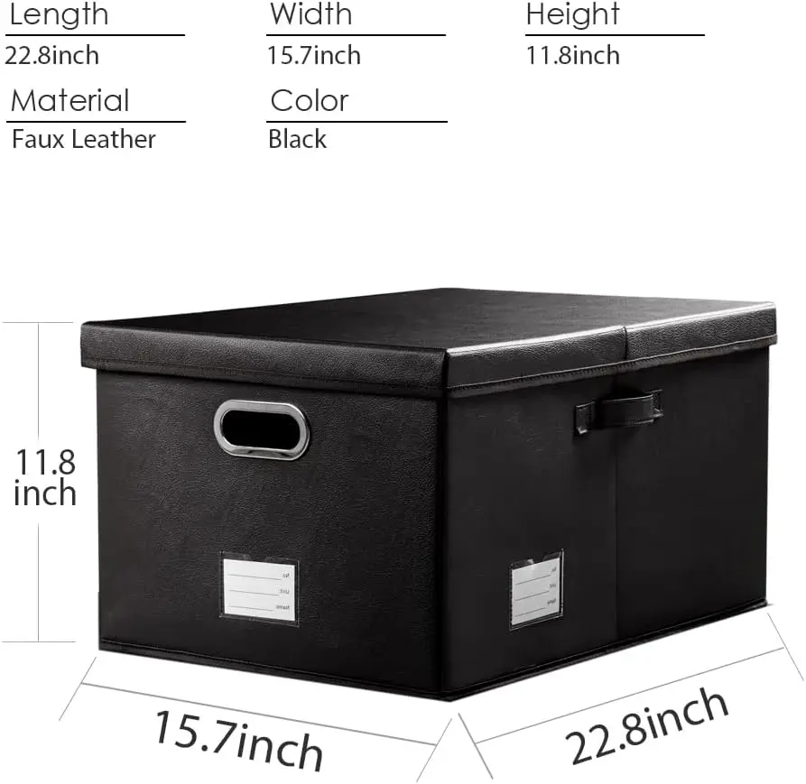 3-Pack Collapsible Storage Box with Lid, Leather Fabric Foldable Bins for Home Closet Office, Black 22.8x15.7x11.8 view 5