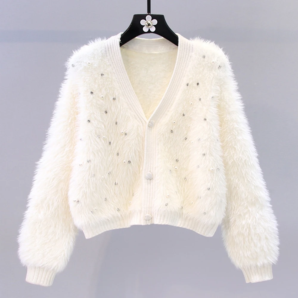 

Женский кашемировый свитер с бусинами, имитация норки, свободный короткий вязаный кардиган с v-образным вырезом, модная верхняя одежда