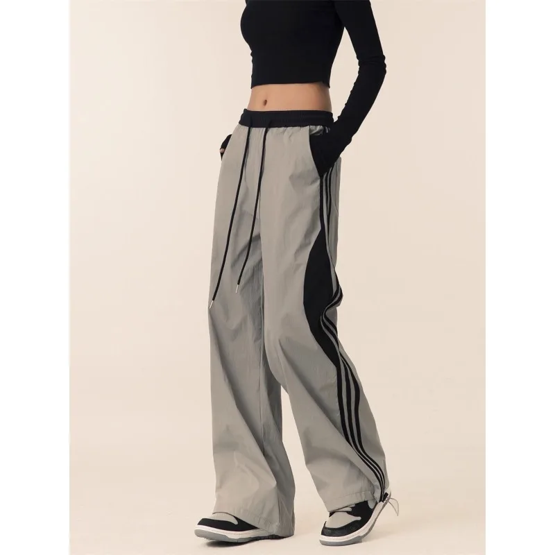 

American-style High Street Stitching Three Bar Pants Women Spring and Autumn 2024 New Loose Dosing Straight Trendy Sports Pants