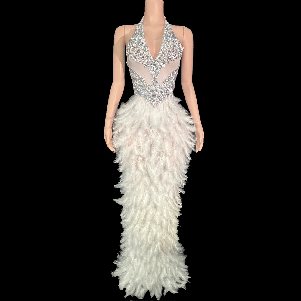Glitzerndes Strass-Federkleid für Damen, Sexy Transparentes Abendkleid für Feiern, Geburtstage, Fotoshootings