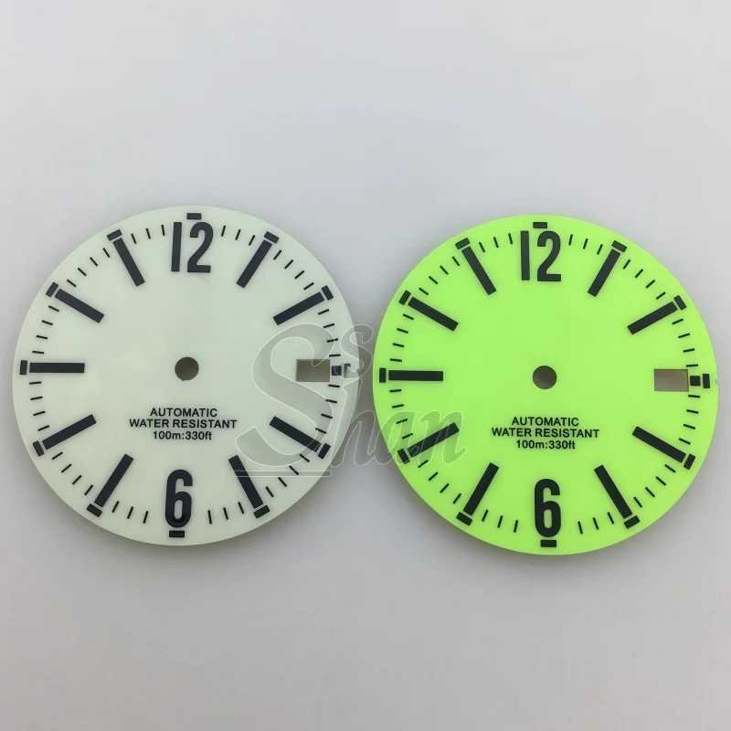 29mm Full Luminous Watch Dial Green/Cream‑White Dial with 3‑O’Clock Date Window Replacement Part for NH35 NH36 Automatic Movemen