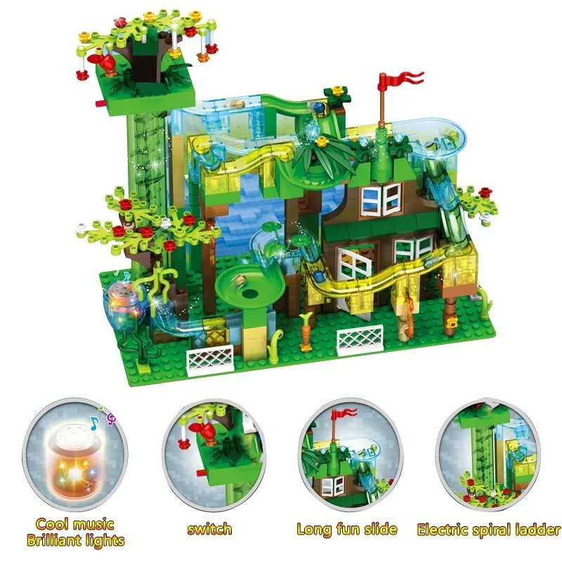 Ideas de carrera de mármol con laberinto eléctrico ligero, bloques de construcción de bolas, Parque de dinosaurios jurásicos, juguetes del mundo de la jungla para niños