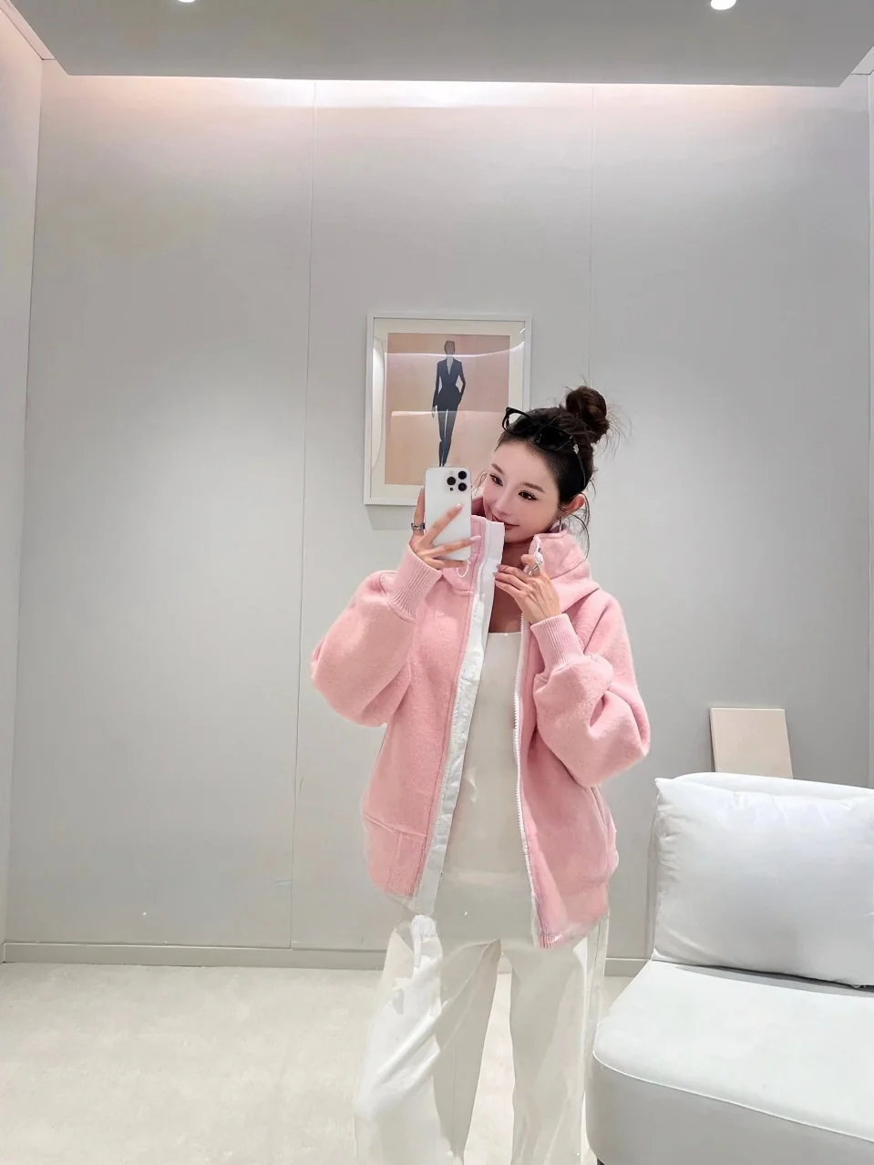 

Sweet Lamb Fur Hooded Open Cardigan Loose Versatile Slimming Outerwear Comfortable Long Sve Zipper Closure Color