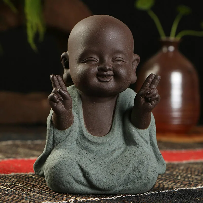 Purple Clay Happy Monk Buddha Statues Home Club Geomantic Decoration Handmade Figurines Tea Pet Chinese Kung Fu Set