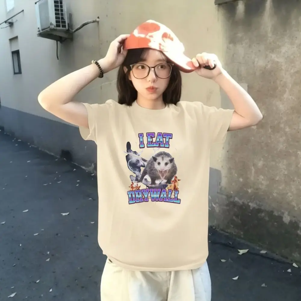 Funny Opossum I Eat Drywall Graphic T-Shirt Women Summer Short Sleeve Meme Print Vintage Tee Female Casual Fashion Oversized Top