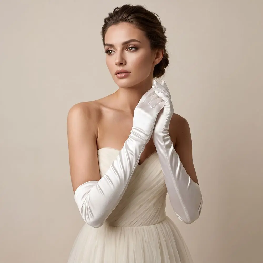 Cute Solid Color Satin Gloves Full Finger Retro Long Gloves Elbow Length 1920s Etiquette Mittens Party