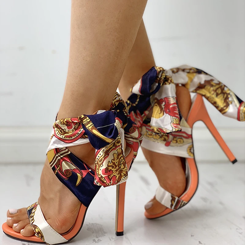 Vacation Party Shoes Peep Toe Point Toe Heeled-sandals Satin Print Knotted Detail Thin Heeled Sandals