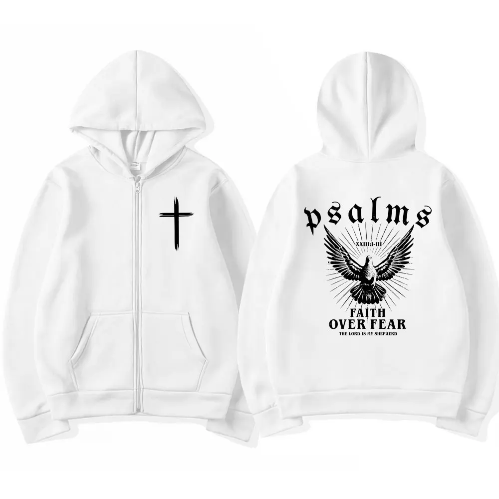 Christian Jesus Faith Over Fear Bible Verse Zip Up Hoodies Men's Harajuku Punk Cardigan Hoody Sweatshirt Fashion Vintage Coats