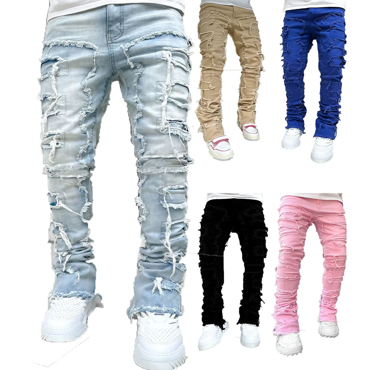 Men's Pants Stretchy Denim Jeans Street Tearing Holes Ripped Denim Elastic Waist Pants Slim Fit Patch Denim Straight Leg Pants