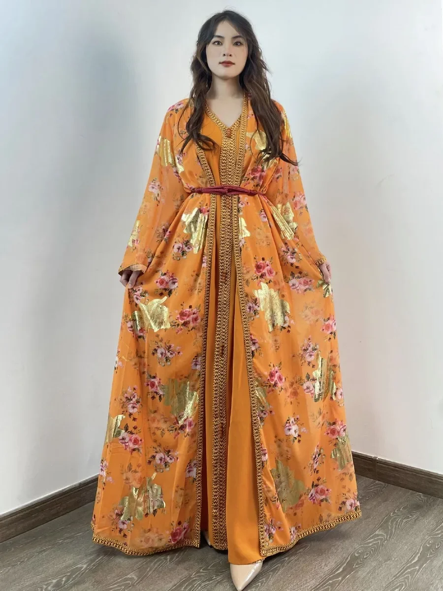 Robe musulmane marocaine pour femmes, imprimé floral, diamant, Abaya, ensemble 2 pièces, Dubaï, arabe, robe de soirée éducative, caftan long, robe