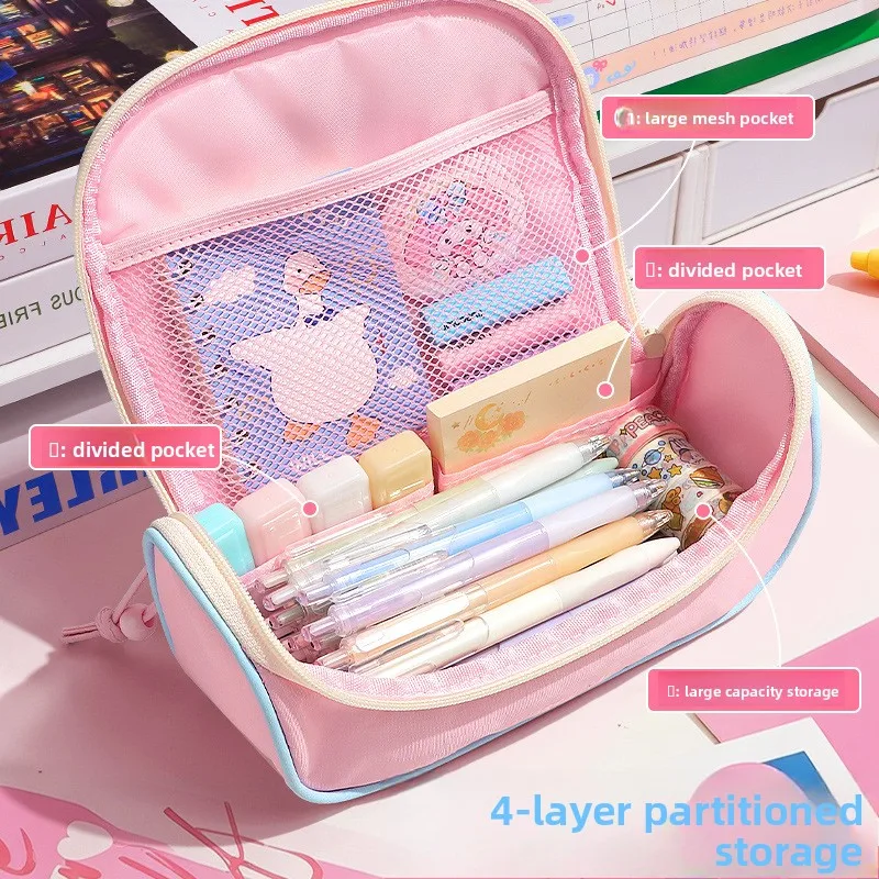 Portable embroidered pencil case - large capacity, multi-layer storage, cute & creative design - new stationery organizer