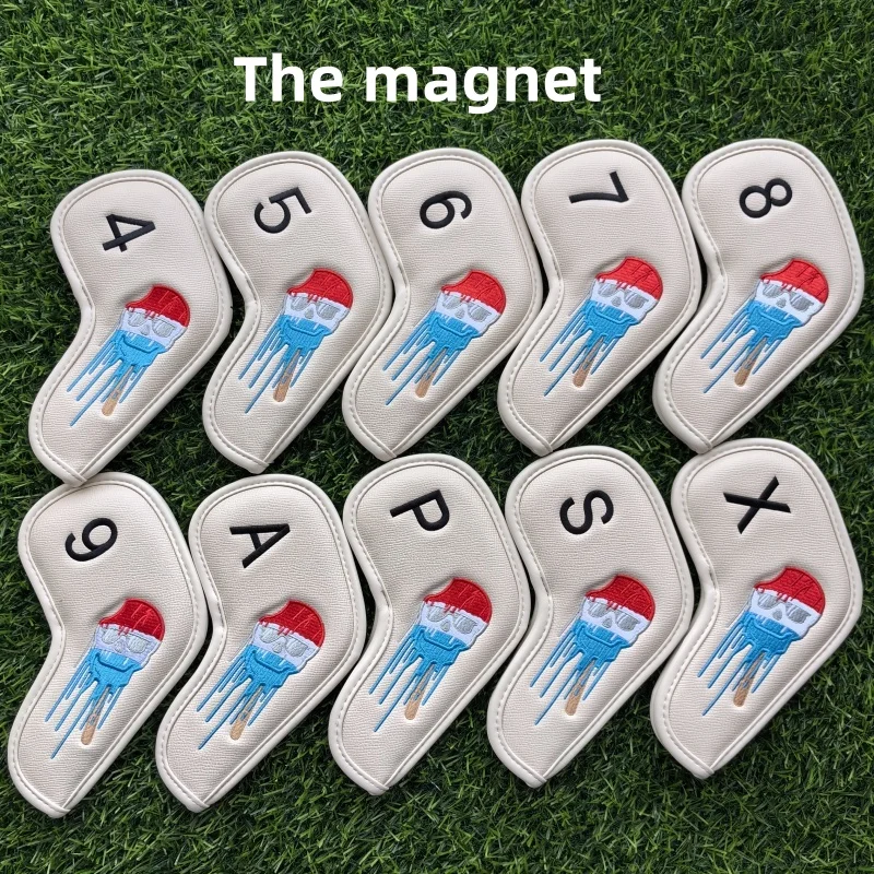 Cartoon skull Golf Iron Cover Cover Irons Club PU Leather Golf Head Cover Golf Accessories Magnet Closure 10 Piece Set