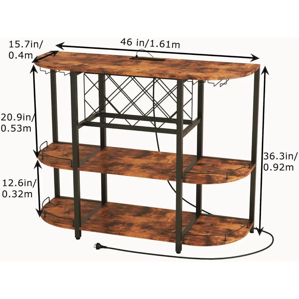 Wine Cabinet Coffee Table with Power Socket and LED light, Three Tiers Coffee Bar Table Wine Rack Liqour Bar with Large Storage