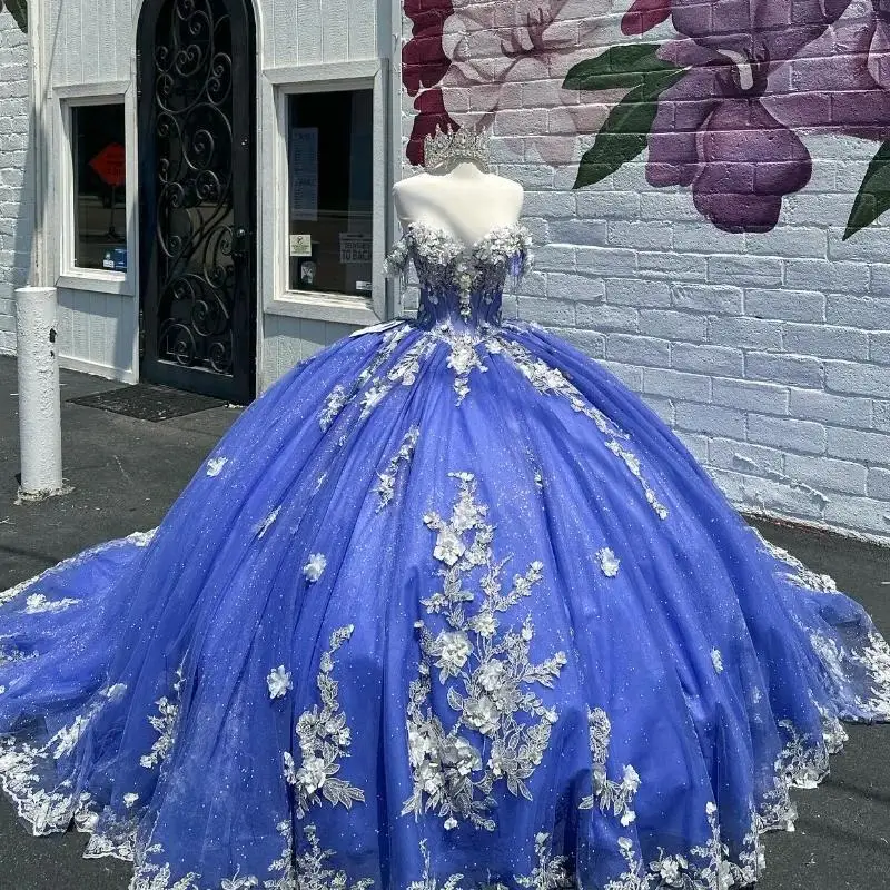 

Royal Blue Off The Shoulder Quinceanera Dress 2025 Princess Party Gown Beaded Appliques Lace Tull Corset Sweet 16 Vestido De 15