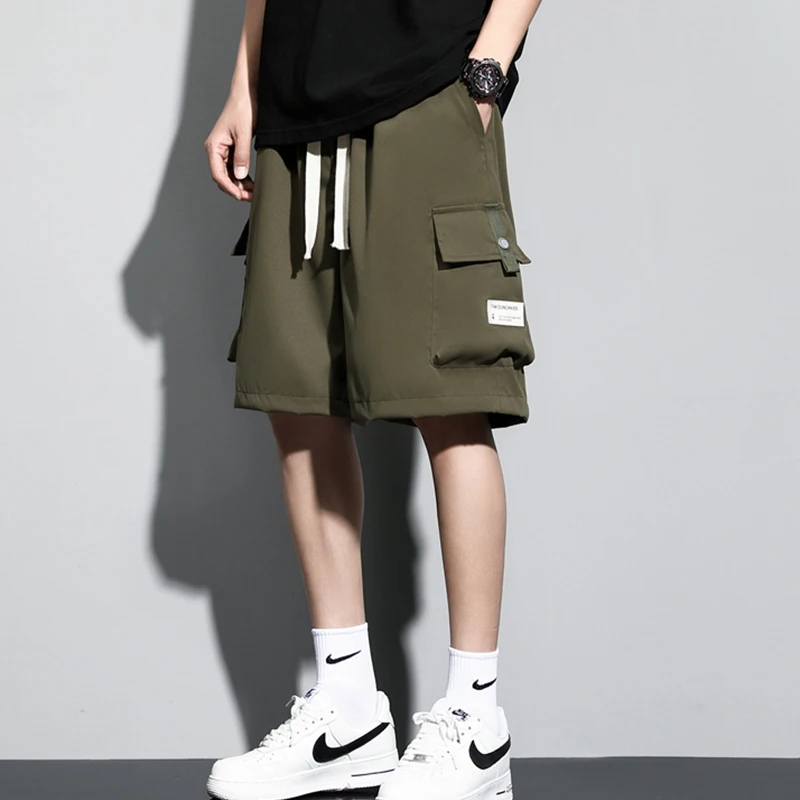 2024 New Summer Men's Loose Cargo Shorts Y2k Multi-Pockets Wide Leg Baggy Short Pants Ice Silk Quick Dry Straight Casual Shorts