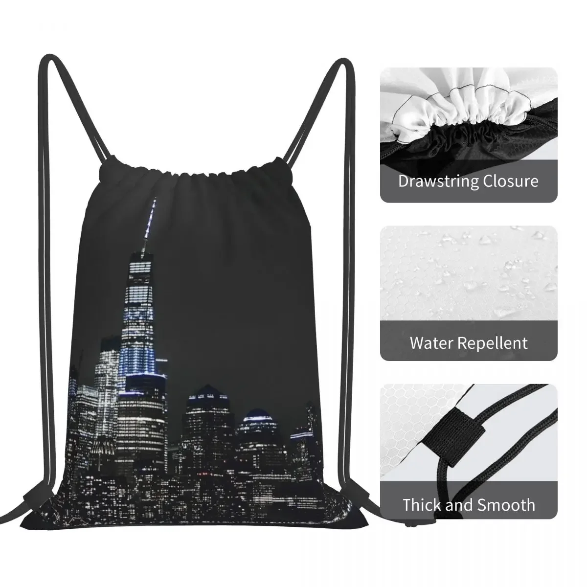 New York City Skyline Night Time Backpack Casual Portable Drawstring Bag Drawstring Bundle Pocket Sundries Bag For Travel School