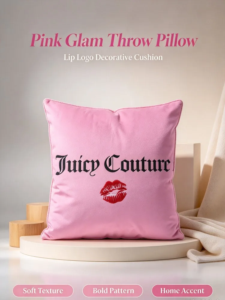 **Pink Glam Throw Pillow Cover, Designer Style Decorative Cushion Case, Soft Square Pillow Cover with Crown Heart Lip Print for