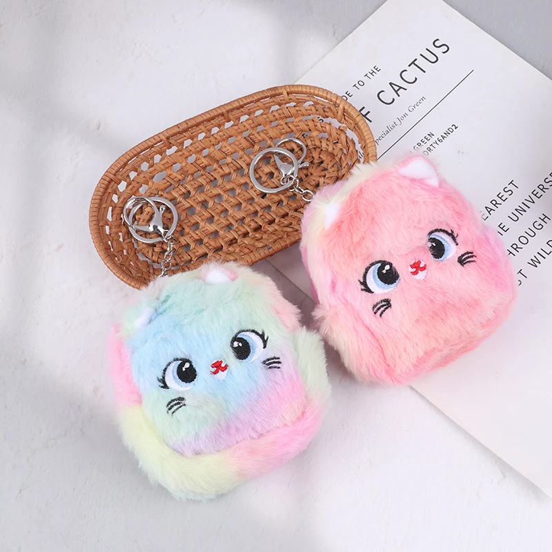 Cute Cat Plush Coin Purse Zipper Change Purse With Keychain Small Headphone Lipstick Bag Mini Wallet Money Bag Kids Gift