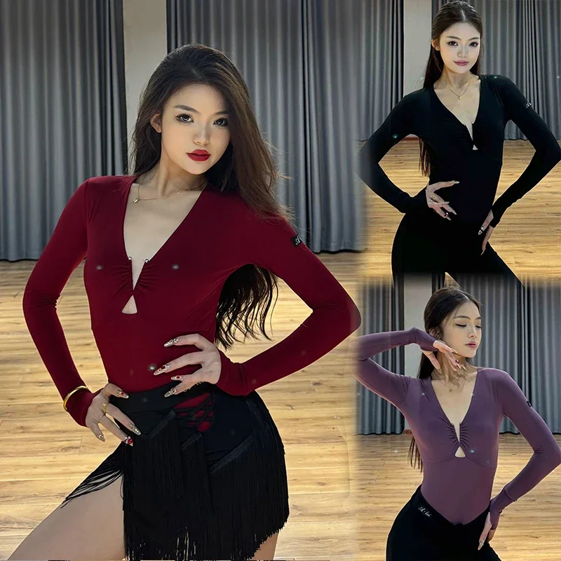 

3 Colors New Latin Dance Costume Adult Long Sleeves V-Neck Tops Samba Long Sleeves Tops Rumba Practice Clothes For Women