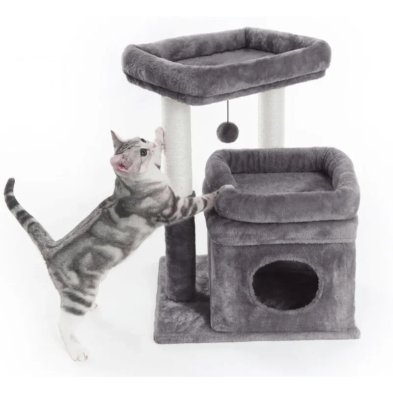 Pesofer Cat Tree, Small Cat Tower with Dangling Ball and Perch Dark Gray