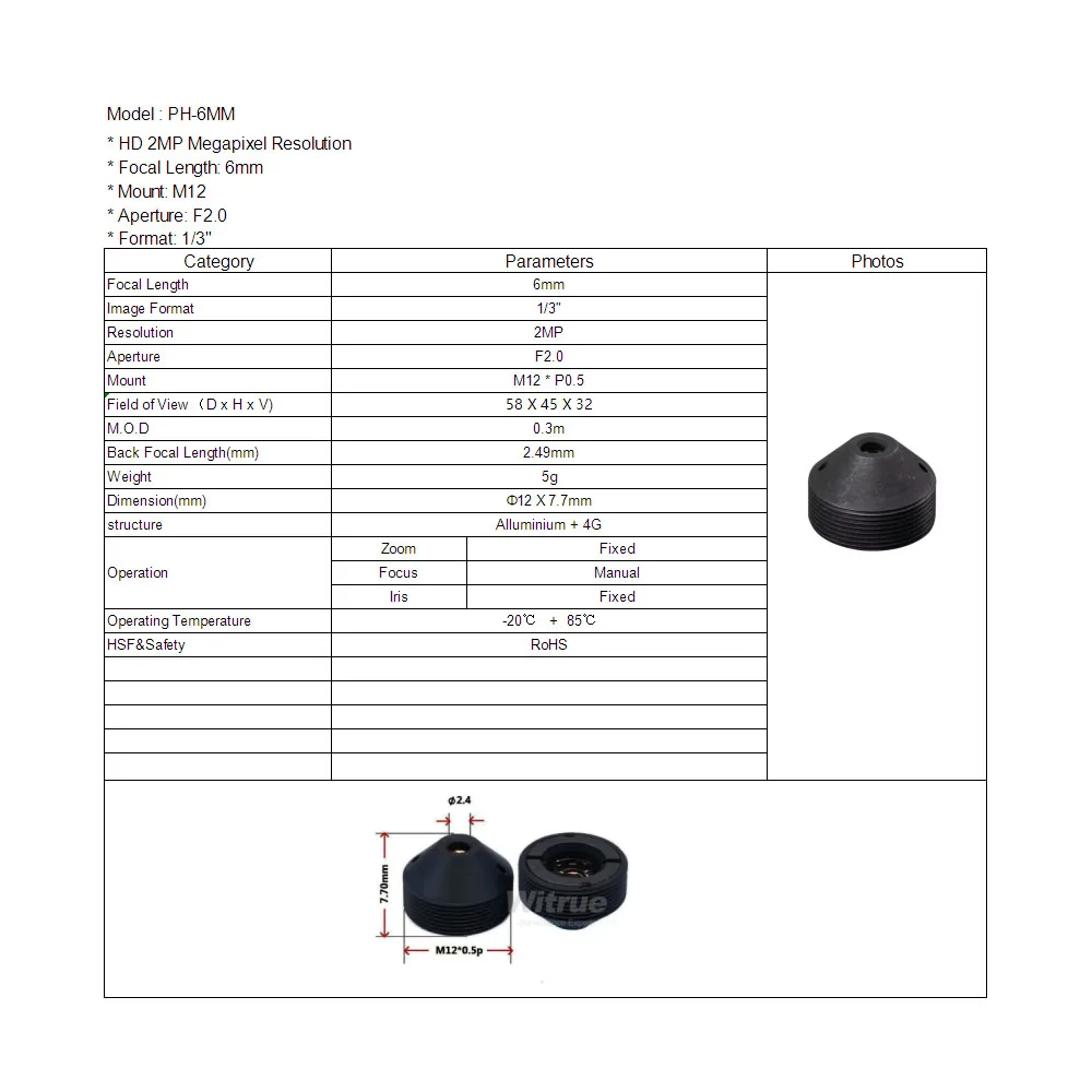 Witrue m12 otworkowej obiektywy kamery przemysłowej 6MM M12 * 0.5 do montażu na 1/3 "F2.0 53 stopni dla bezpieczeństwa kamery cctv — zdjęcie 5