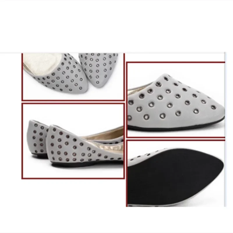 Lady Rivets Sequined Plus Size Shoes Women Flats Closed Toe Cover Heels Slip-on Breathable Ballerina Loafers Summer Fashion Grey