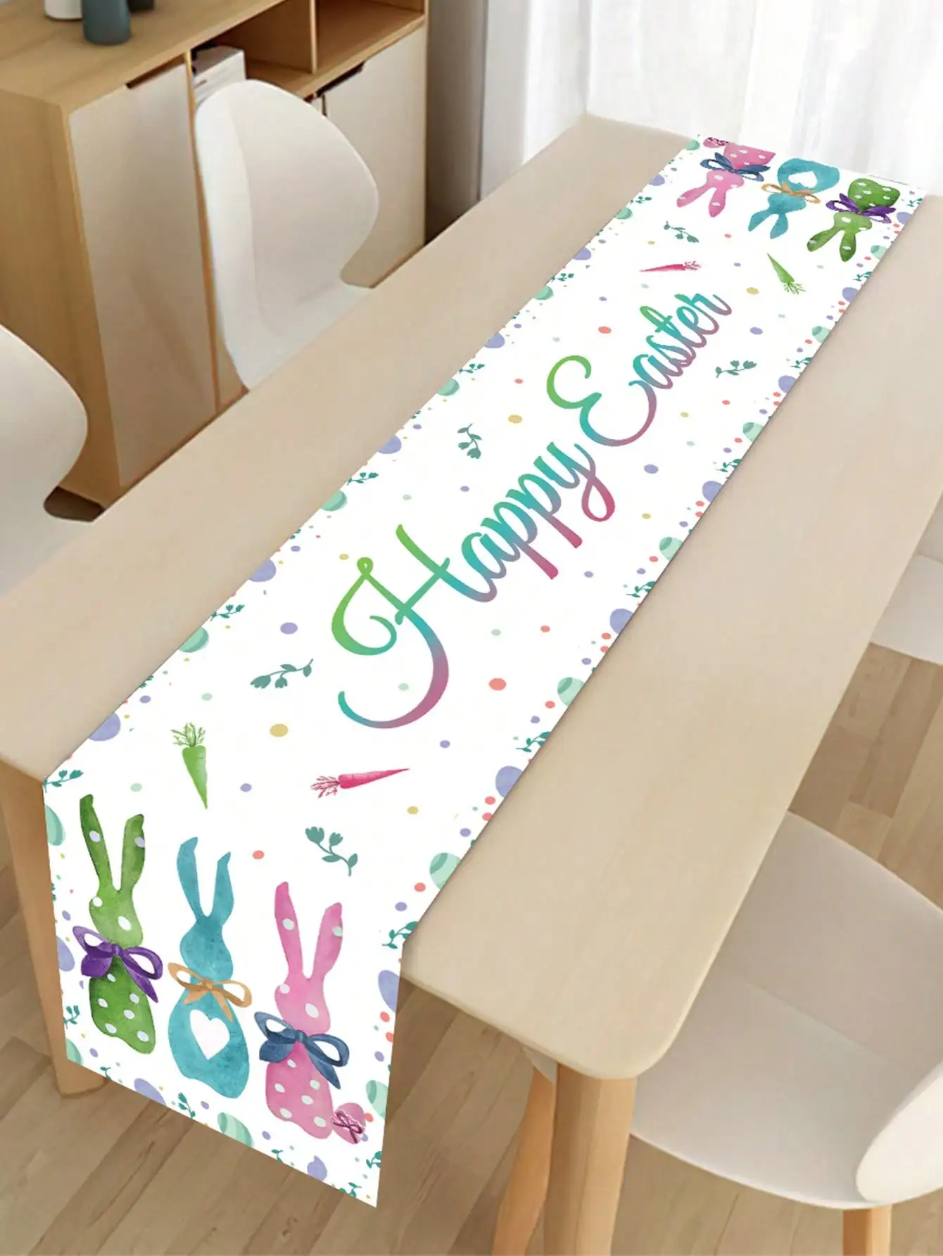 1Pcs Easter Watercolor Rabbit Table Runner Happy Easter Colorful Polka Dot Table Decoration Cloth Holiday Party Table Runner Decoration Supplies