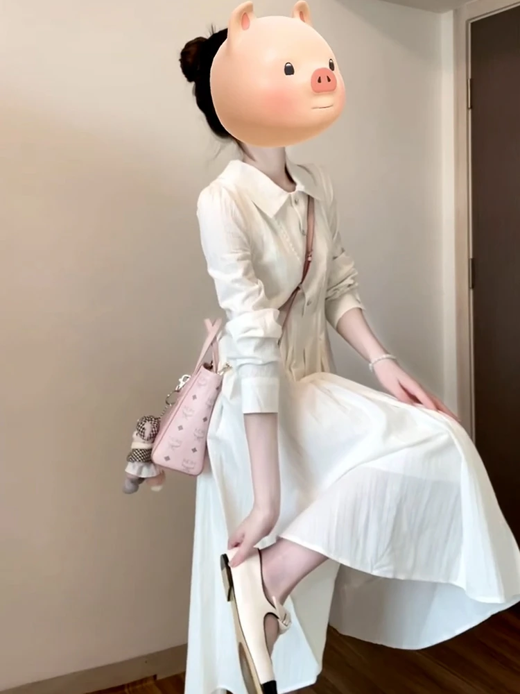 

Ele White Long Sve irt Dr Women's Autumn Winter New Sle Beautiful Waist Cinching Long Dr Korean Sle High W...