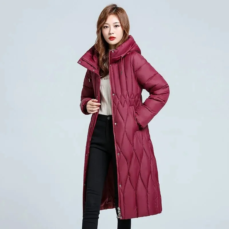 

Женская удлиненная зимняя куртка-парка из пуха, большие размеры L-7XL, приталенная, новинка 2026 года, модная верхняя одежда с капюшоном