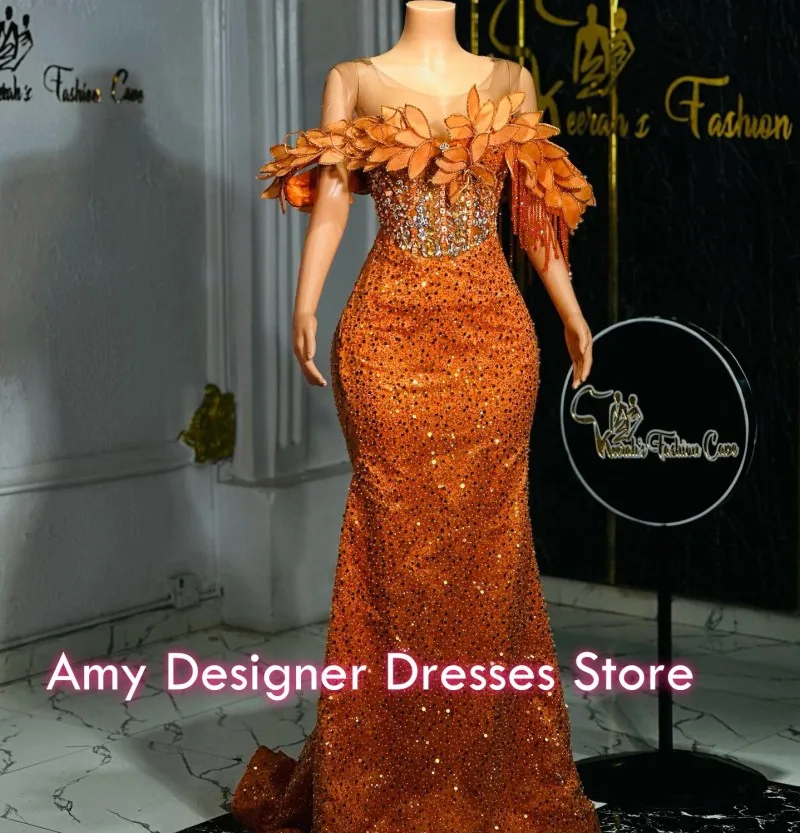 Exquisite Off The Shoulder Party Dresses Morden Orange Mermaid Evening Dress Tassel Sequins Crystal Flower Prom Gowns Customized