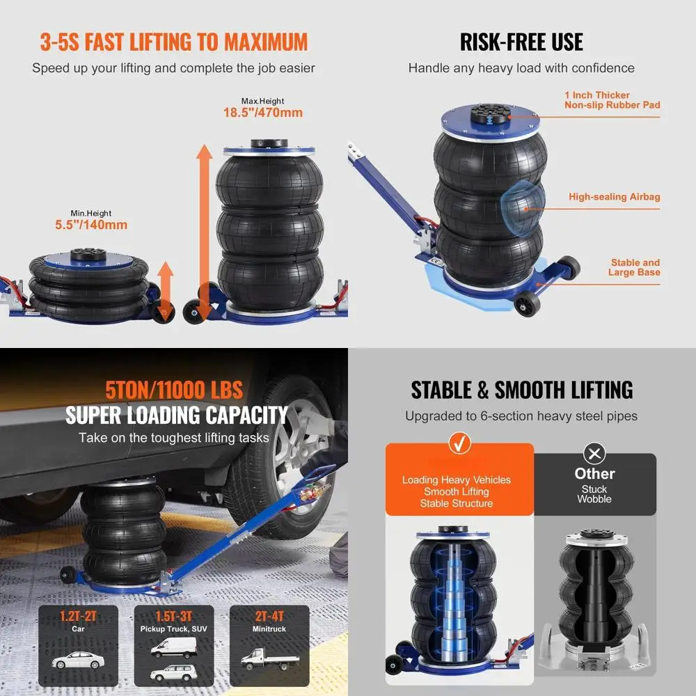 

Пневматический домкрат на 5 тонн с тремя мешками и шестью стальными трубами, быстрое подъемное устройство за 3-5 секунд до 18,5 см для автомобилей и ремонтных работ