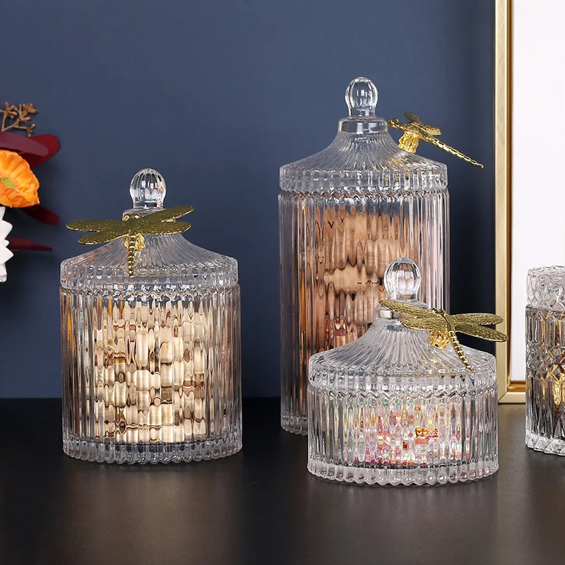 Golden Butterfly Dragonfly Crystal Glass Storage Jar Jewelry Box Sugar Bowl Household Aromatherapy Candle Bottle Glass Container