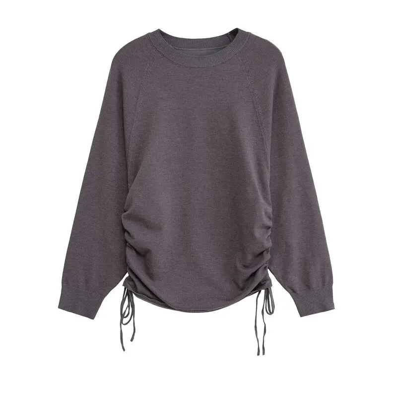بلوفر نسائي جديد لخريف 2025، فضفاض وبسيط، محبوك بأكمام طويلة وياقة مستديرة مع حزام، تصميم أنيق بأسلوب أساسي