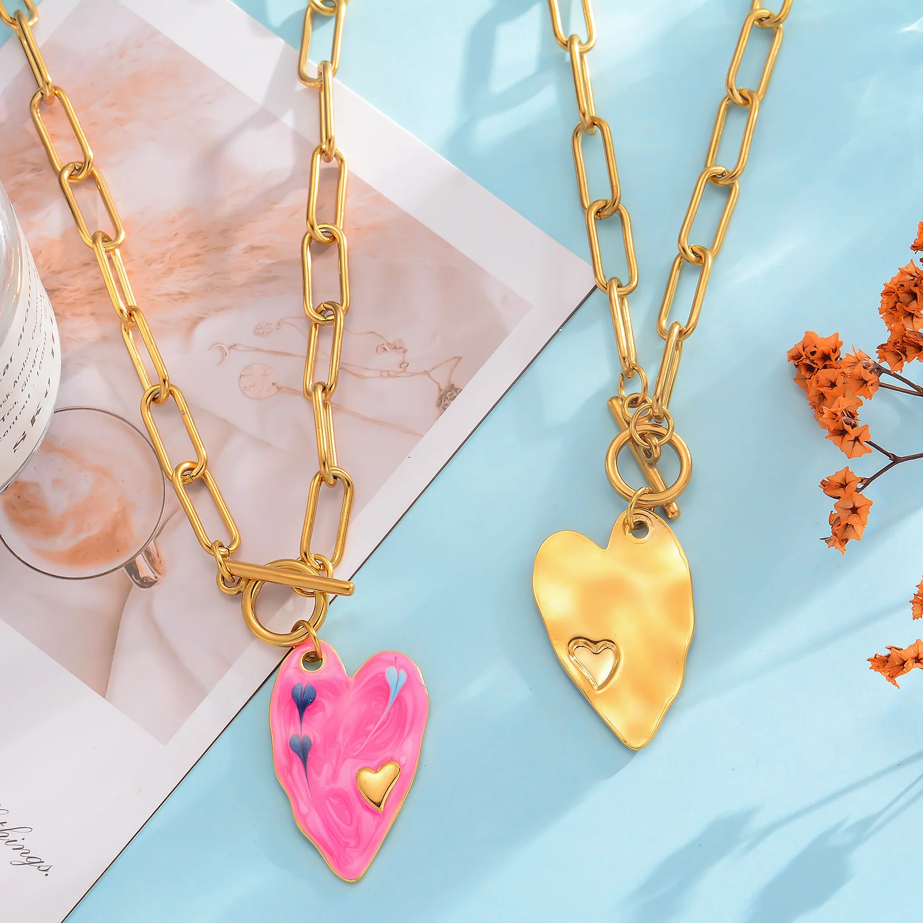 

2025 Stainless steel color dripping oil love pendant necklace OT clasp creative versatile trend jewelry necklace gifts