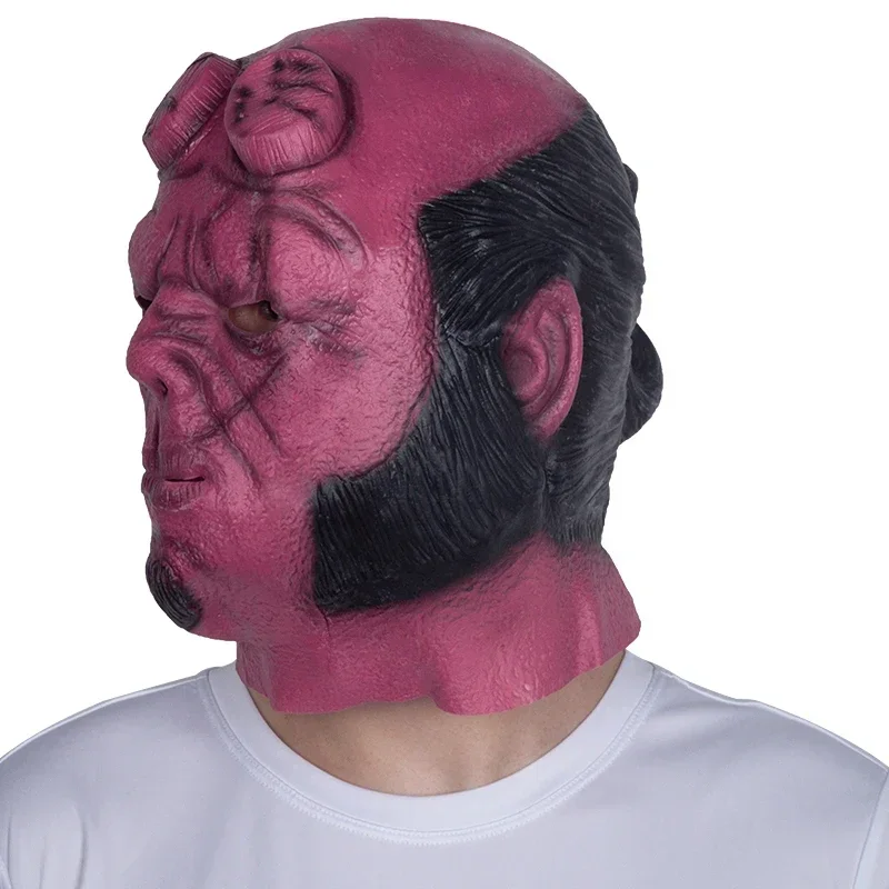 New Hellboy Demon Latex Full Face Mask Red Face Broken Horned Devil Mask Halloween Fancy Dress Party Movie Cosplay Costume Props