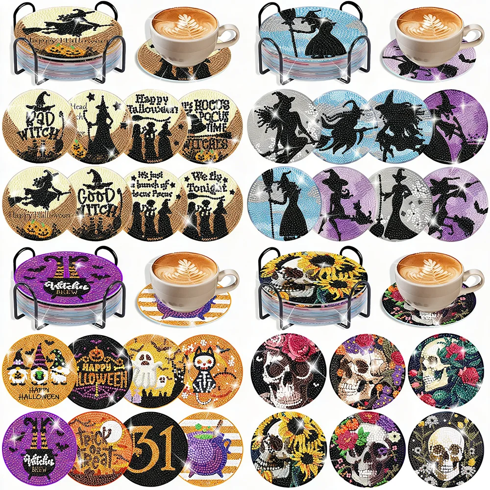 

Punk style Skull Pattern Halloween Clown Horror Personality Diamond Painting Coasters with Holder DIY Cartoon Souvenirs
