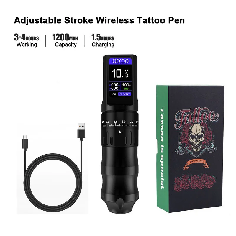 Adjustable Stroke Tattoo Machine Kit Color LED Display Screen Battery 1200mAh Wireless Power Supply Rechargeable Tattoo Pen