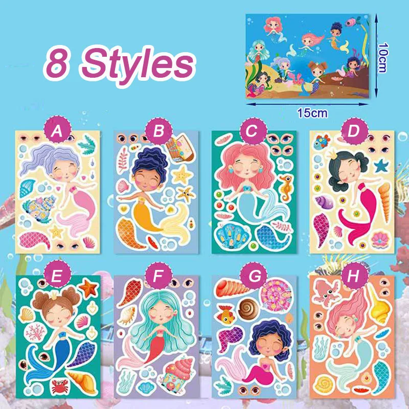 8-24sheets Make A Mermaid Stickers Kids DIY Toys Creative Make Your Own Mermaid Princess Puzzle Sticker Birthday Gift For Girls