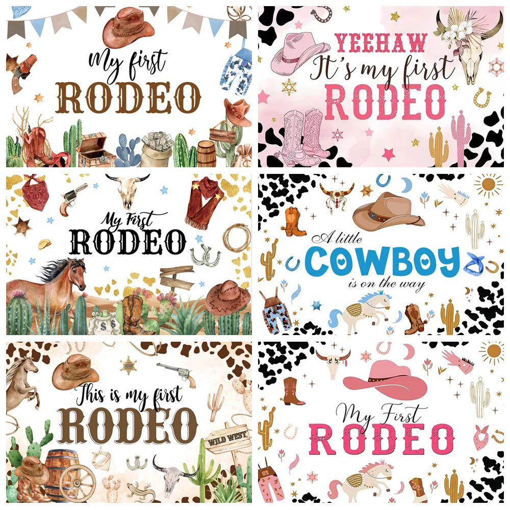 

Western Cowboy Kids Birthday Party Backdrop My First Rodeo Girl Boy Baby 1st Birthday Portrait Photography Background Banner