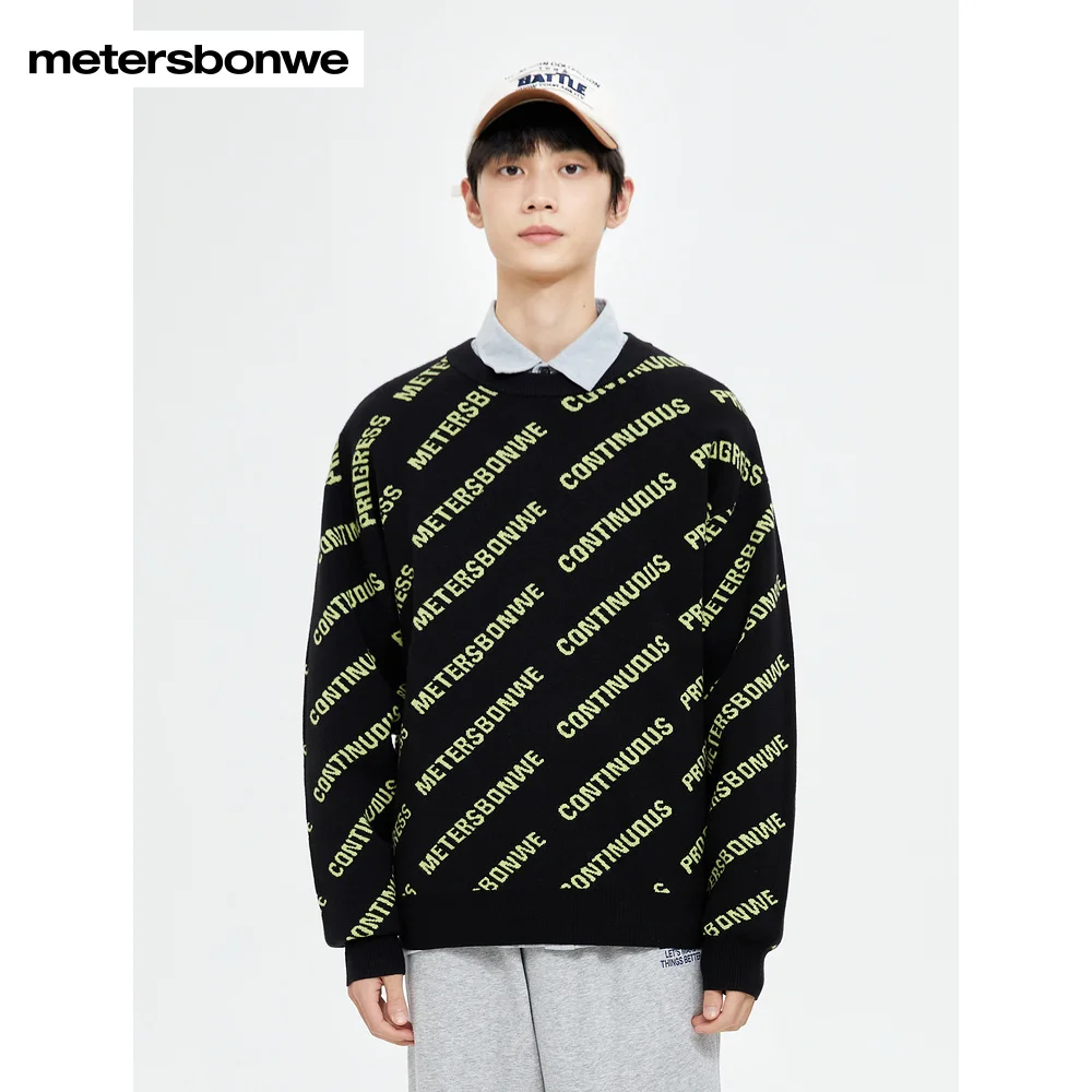 Metersbonwe-Men's  Color Clash Full Letter Jacquard Sweater Jumper Round Neck Loose Pullover Comfortable Soft Casual Fall